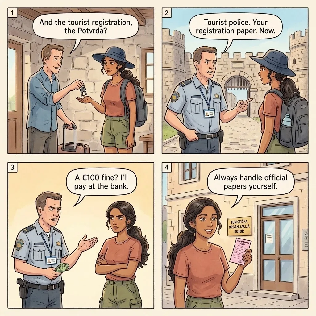 Tourist Registration / 'Potvrda' Extortion — comic illustration