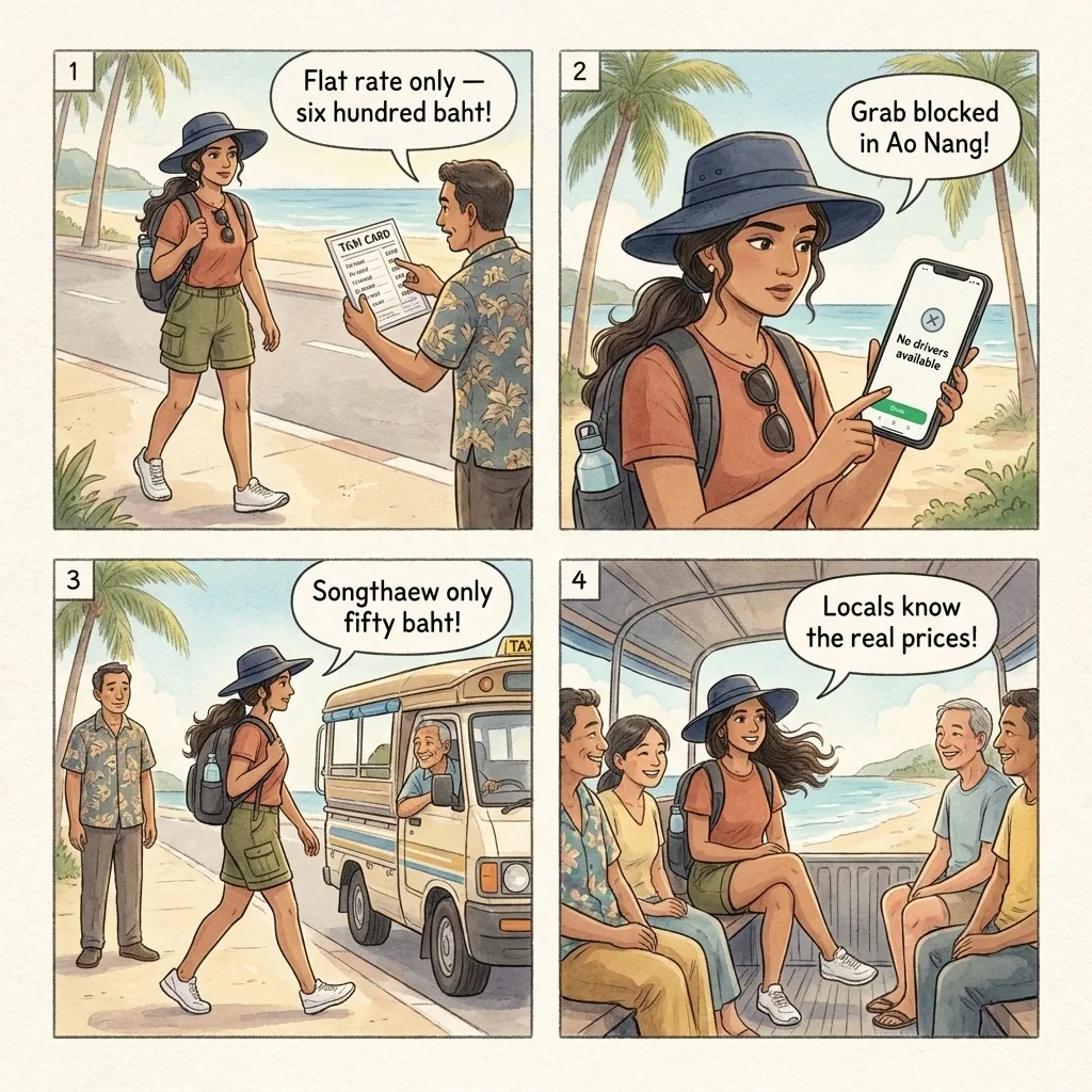 Ao Nang Taxi & Tuk-Tuk Mafia Overcharge + Grab Blocking — comic illustration