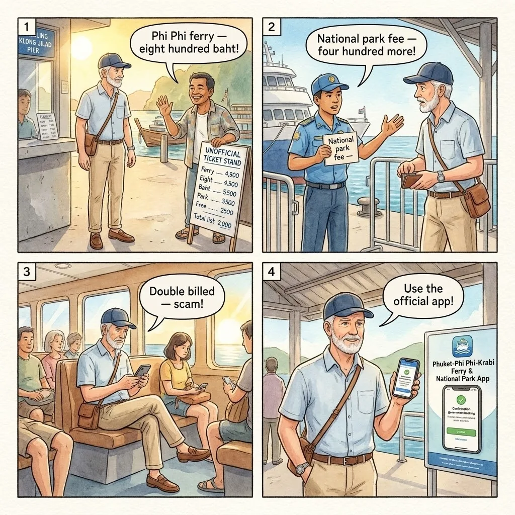 Phi Phi / Maya Bay Ferry Ticket & National Park Fee Double-B — comic illustration