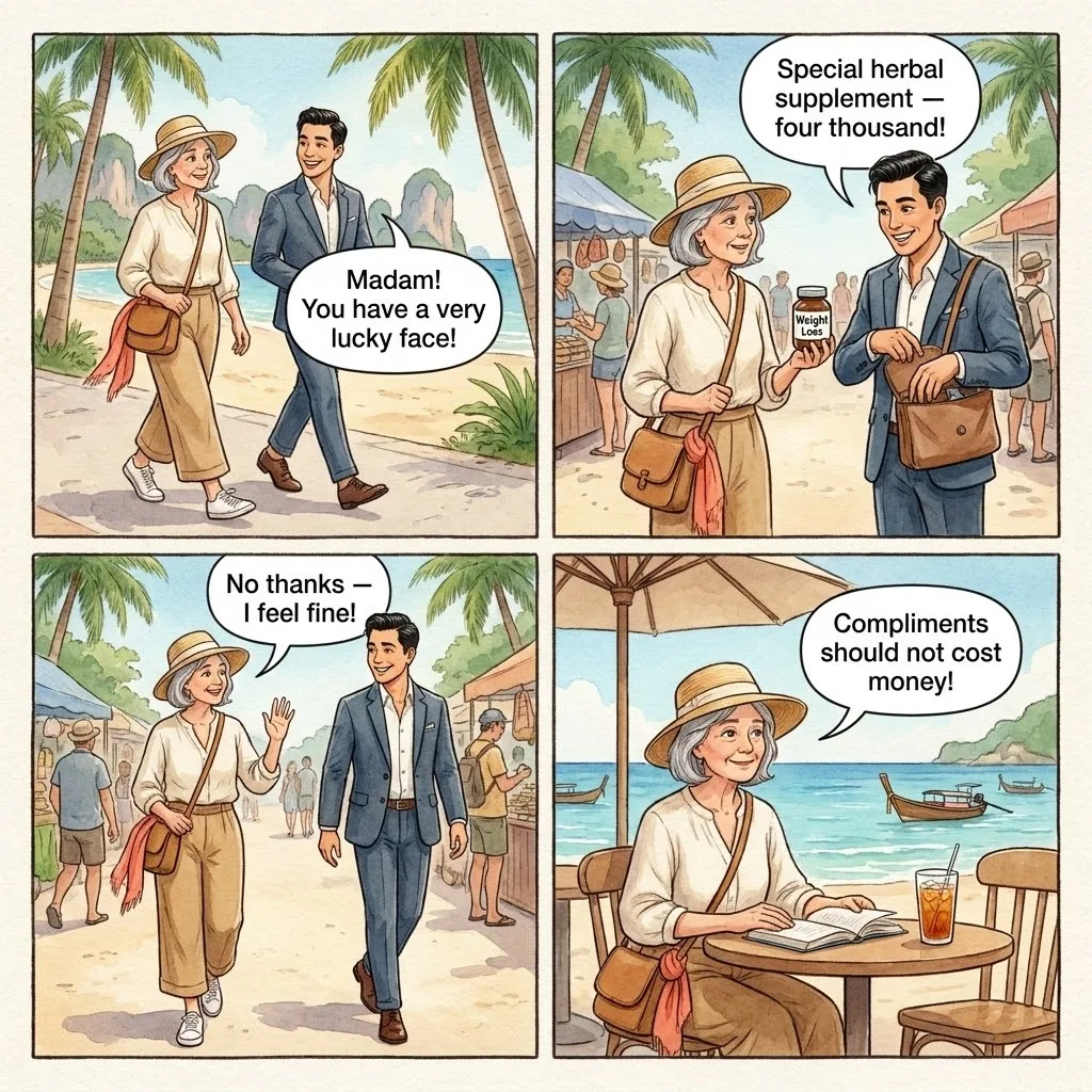 Ao Nang Hair Supplement / Weight Loss Street Pitch — comic illustration