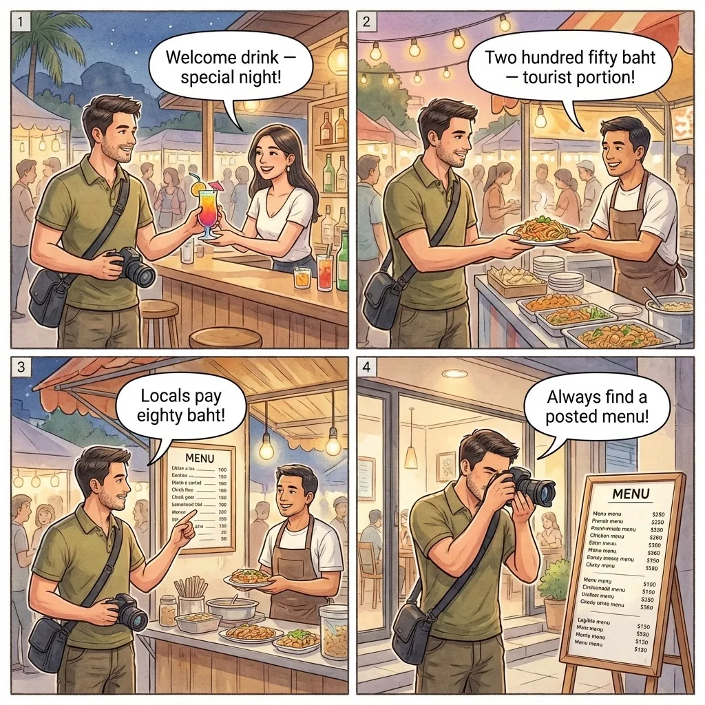 Ao Nang Bar Lady Drinks & Pad Thai Tourist Pricing — comic illustration