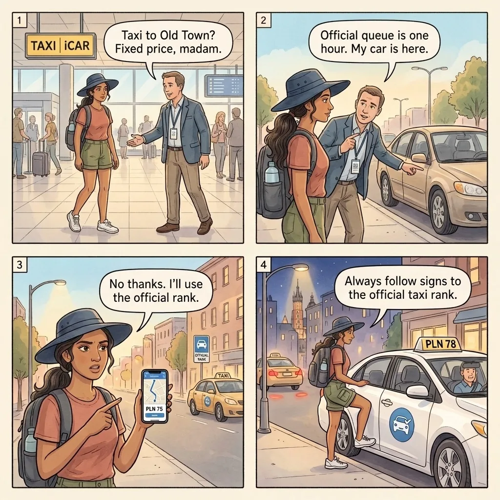 The Kraków John Paul II Airport Taxi Tout — comic illustration