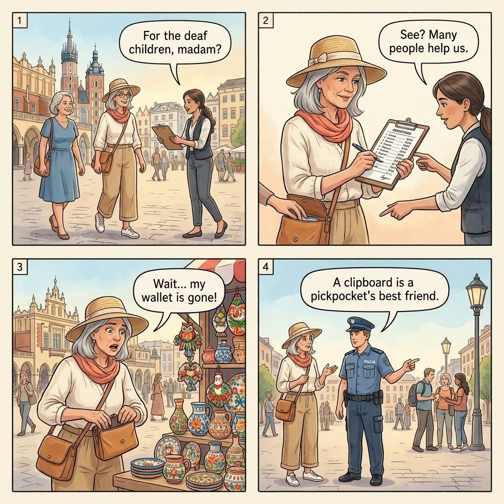 The Rynek Fake-Charity Clipboard — comic illustration
