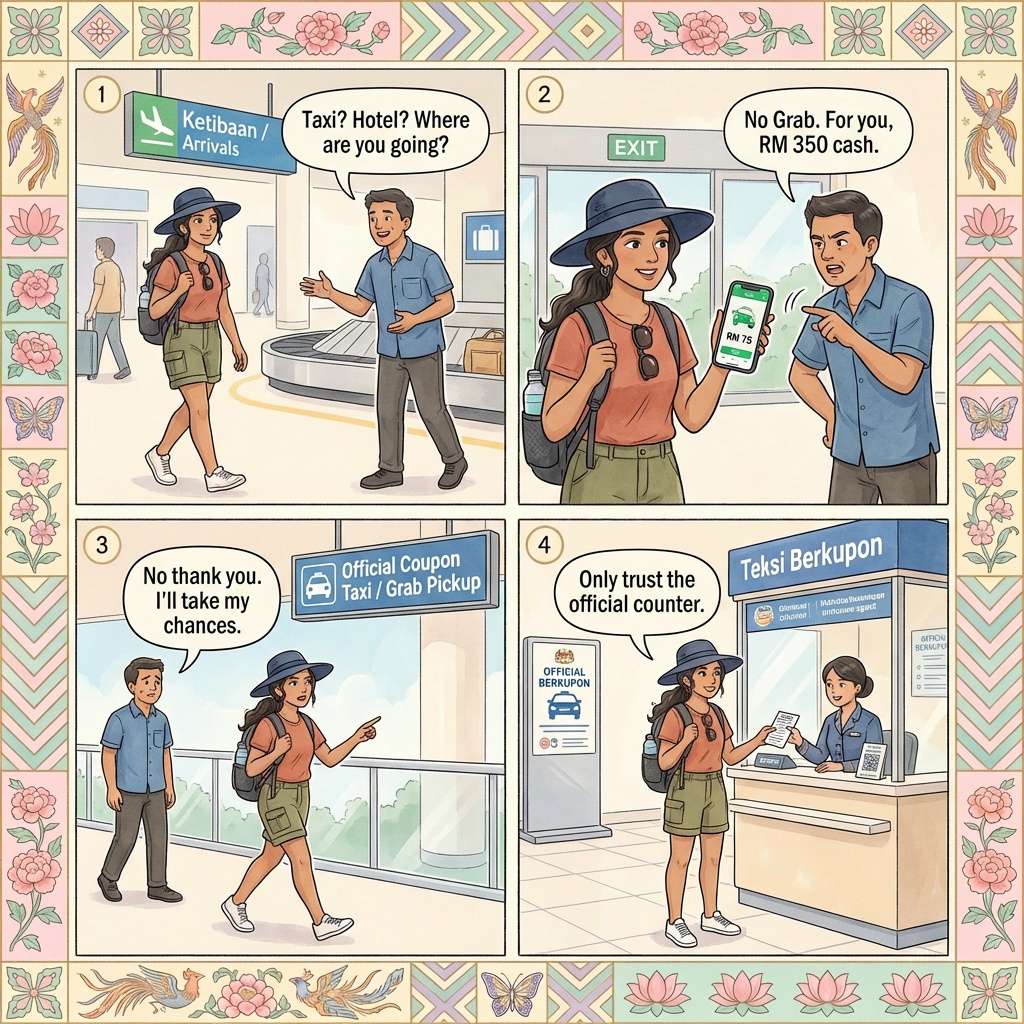 KLIA2 'Teksi Sapu' Airport Taxi Overcharge — comic illustration