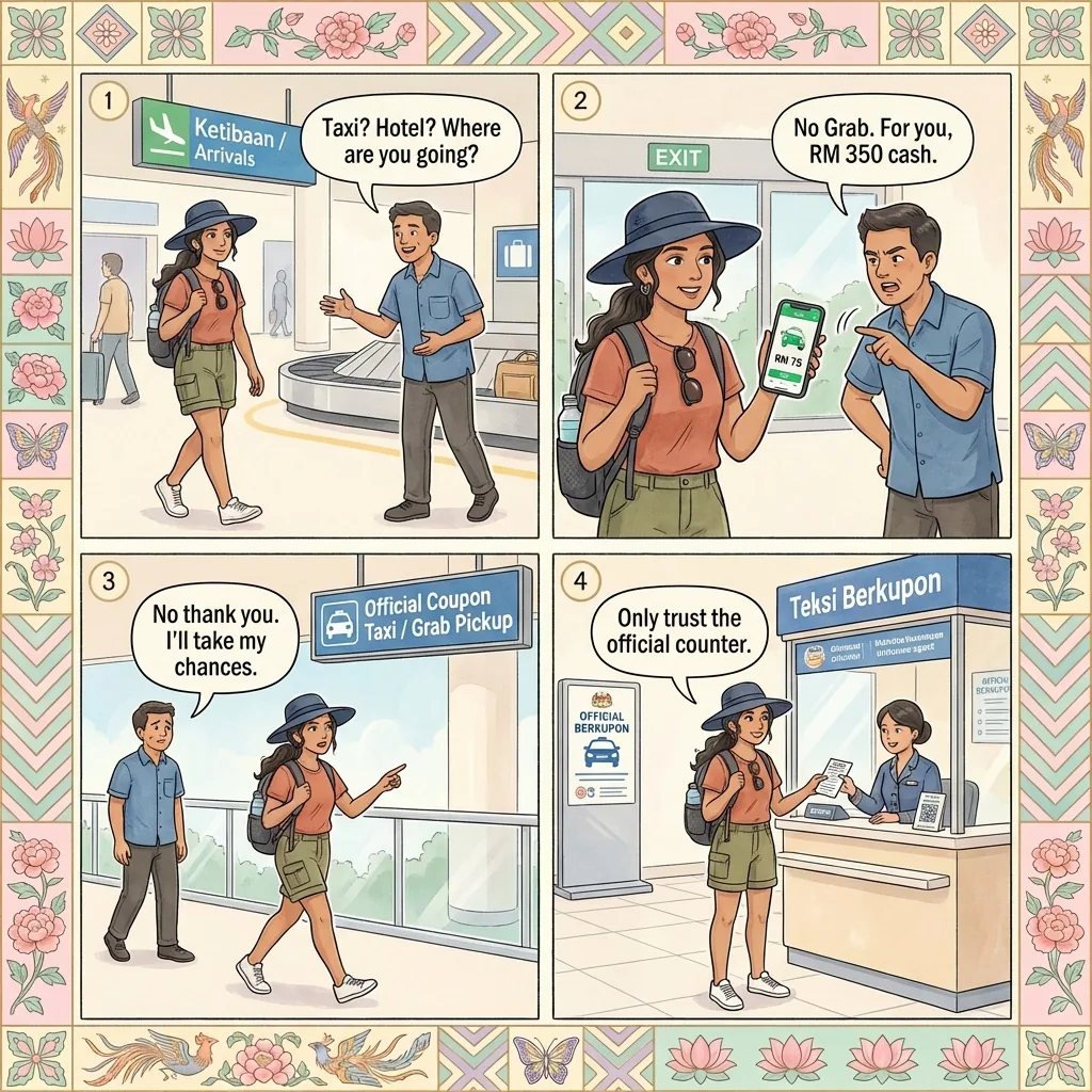 KLIA/KLIA2 'Teksi Sapu' Airport Taxi Overcharge & Grab-Cancellation Scam — comic illustration