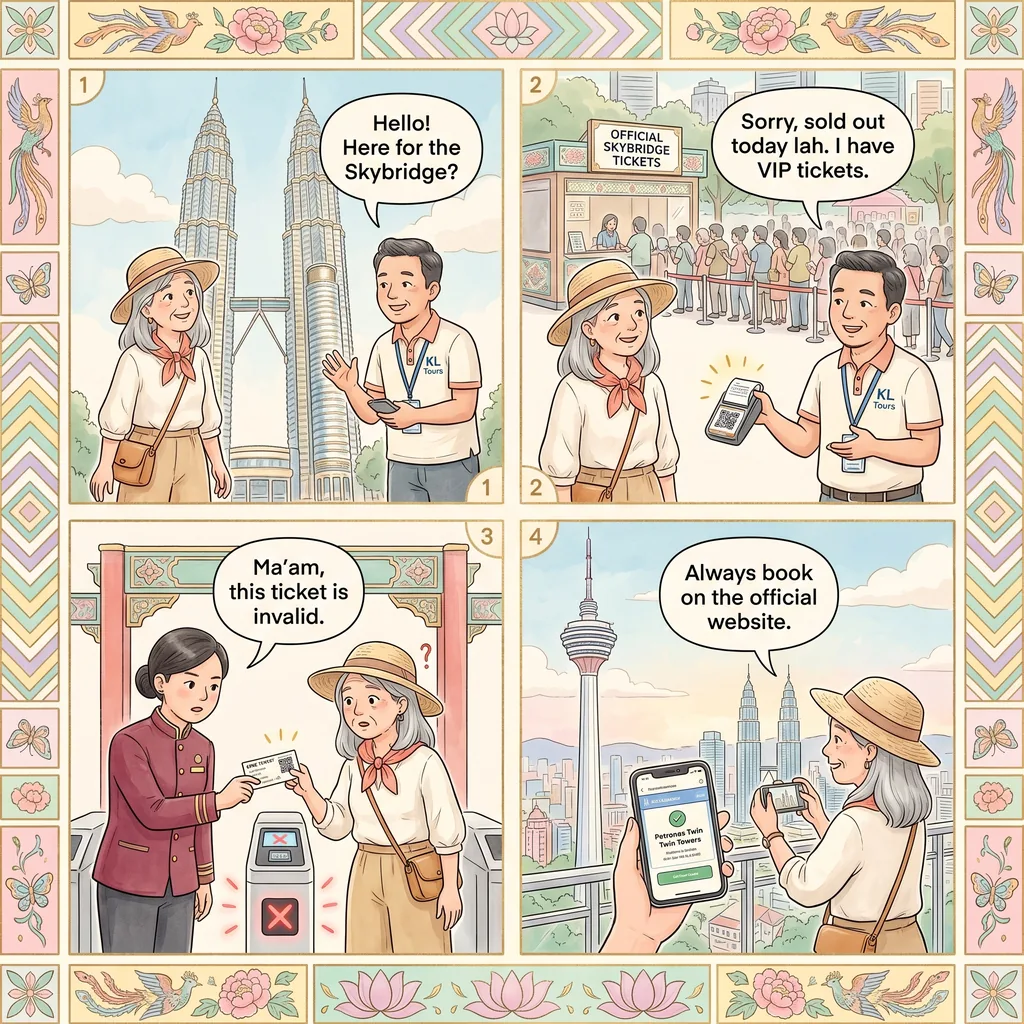 Petronas Twin Towers Skybridge Fake 'Sold Out' Ticket Tout Scam — comic illustration