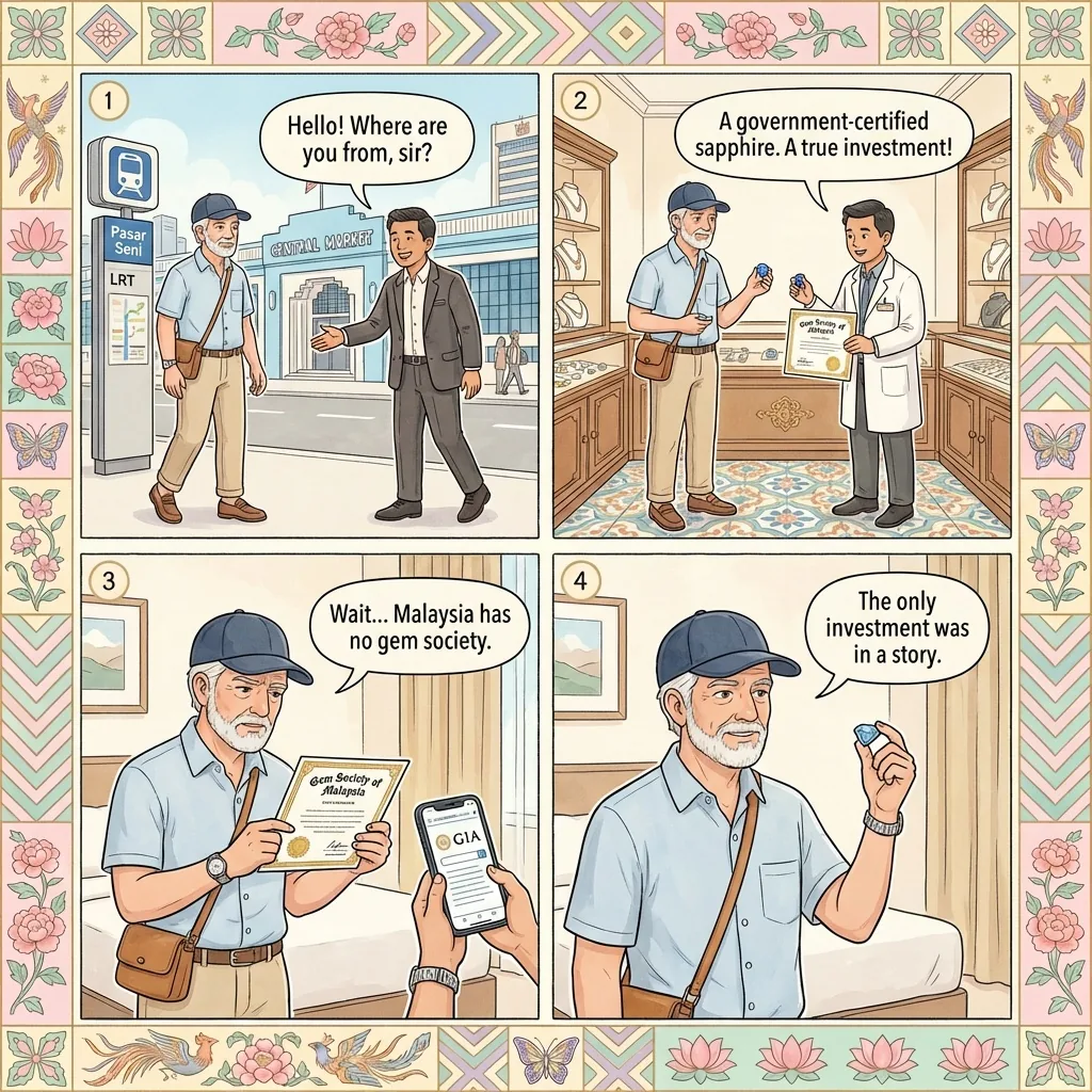 Central Market & Chinatown Gem Investment Confidence Scam — comic illustration