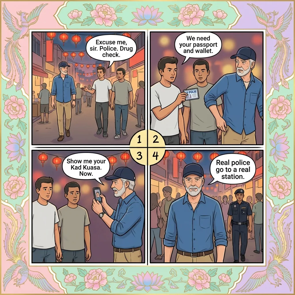 Fake Plainclothes Police 'Passport & Wallet Inspection' Shakedown — comic illustration