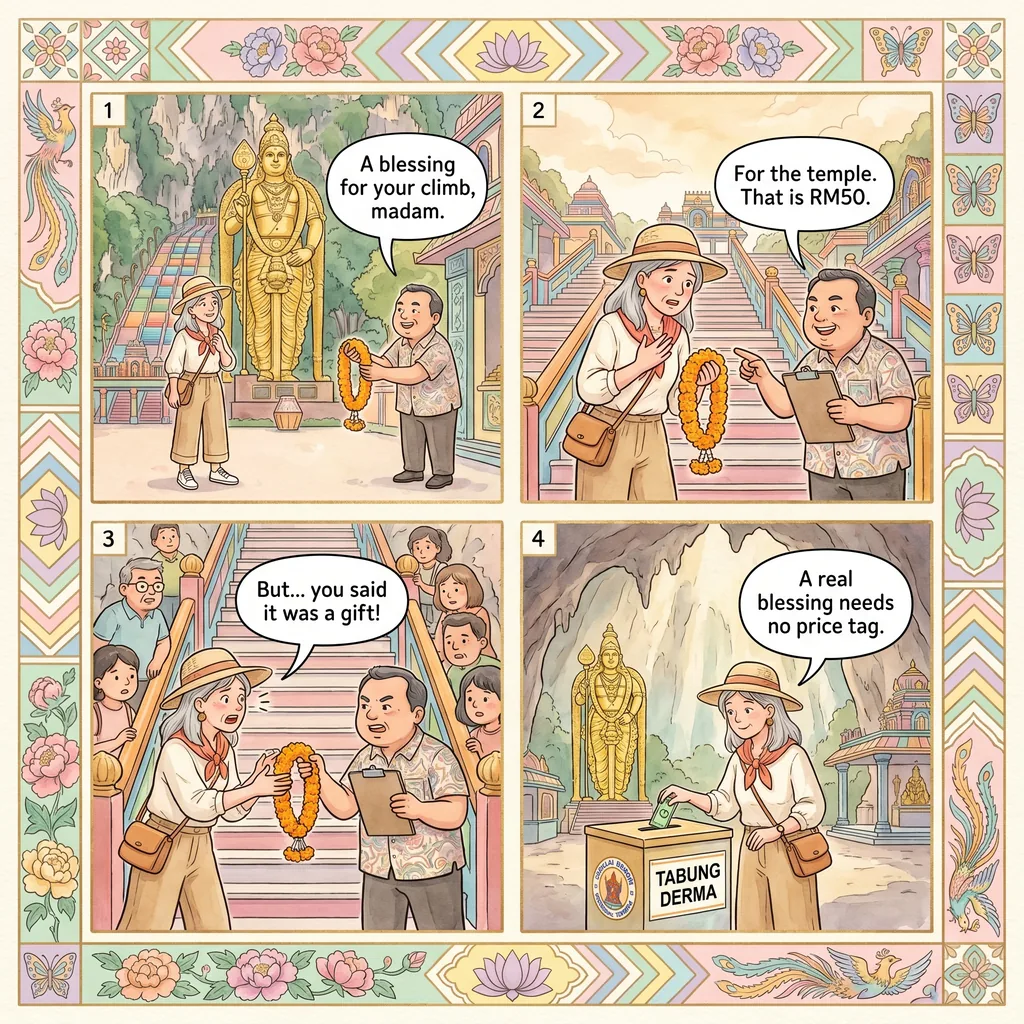 Batu Caves Garland, Photographer & 'Temple Donation' Markup Scam — comic illustration