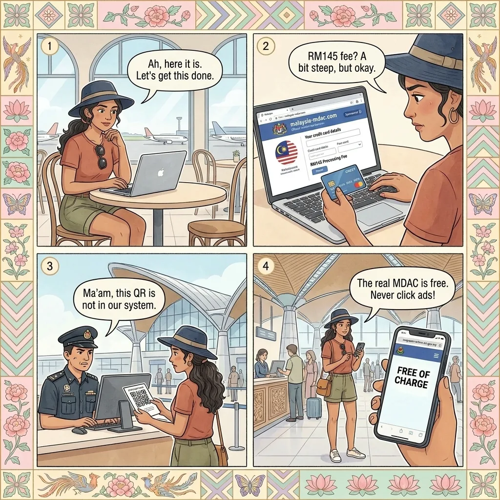 Fake MDAC (Malaysia Digital Arrival Card) Website RM145 Immigration Scam — comic illustration