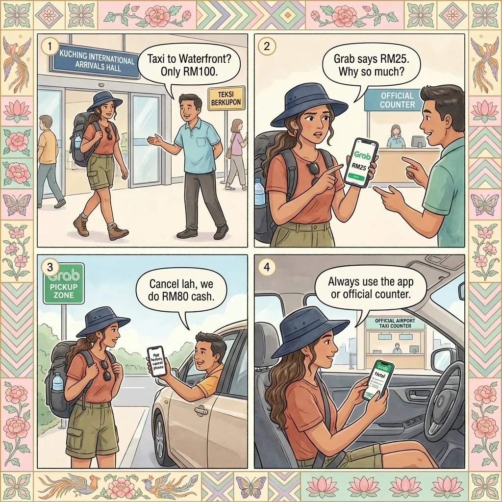 Kuching International Airport (KCH) Unlicensed Taxi & Grab-Cancellation Scam — comic illustration