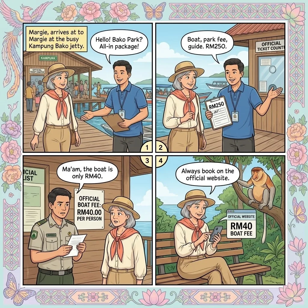 Bako National Park Boat-Fee & Unofficial 'Guide' Overcharge Scam — comic illustration