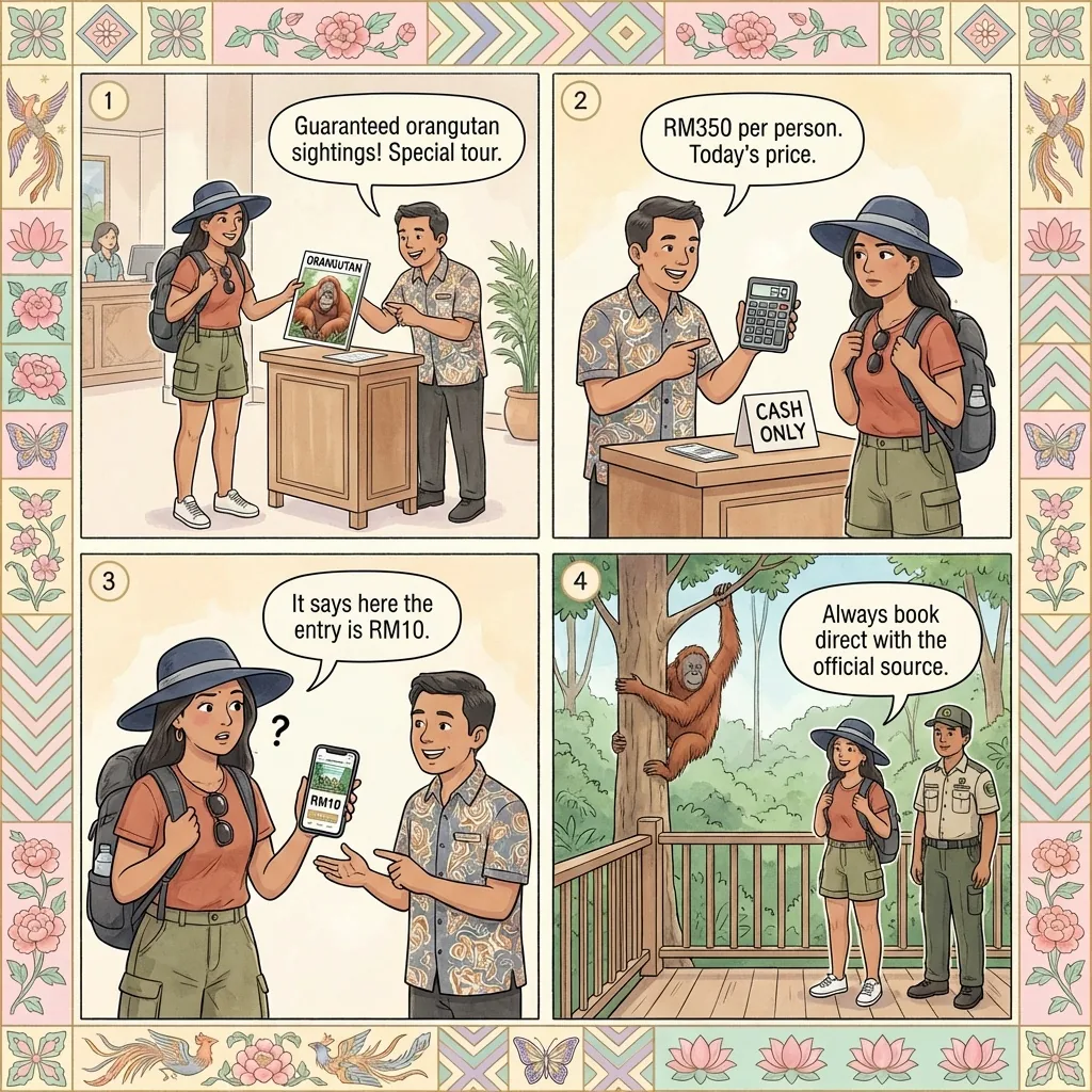 Orangutan & Wildlife-Tour Bait-and-Switch (Semenggoh / Mulu Multi-Day Package Scam) — comic illustration