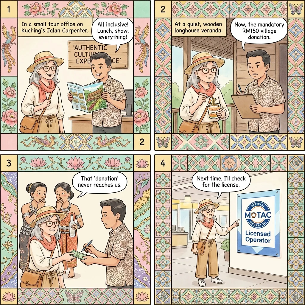 Iban Longhouse 'Cultural Tour' Hidden-Cost & Fake-Donation Scam — comic illustration