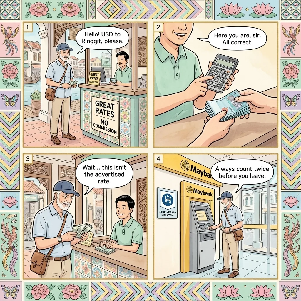 Main Bazaar & Carpenter Street Money-Changer Shortchange Scam — comic illustration