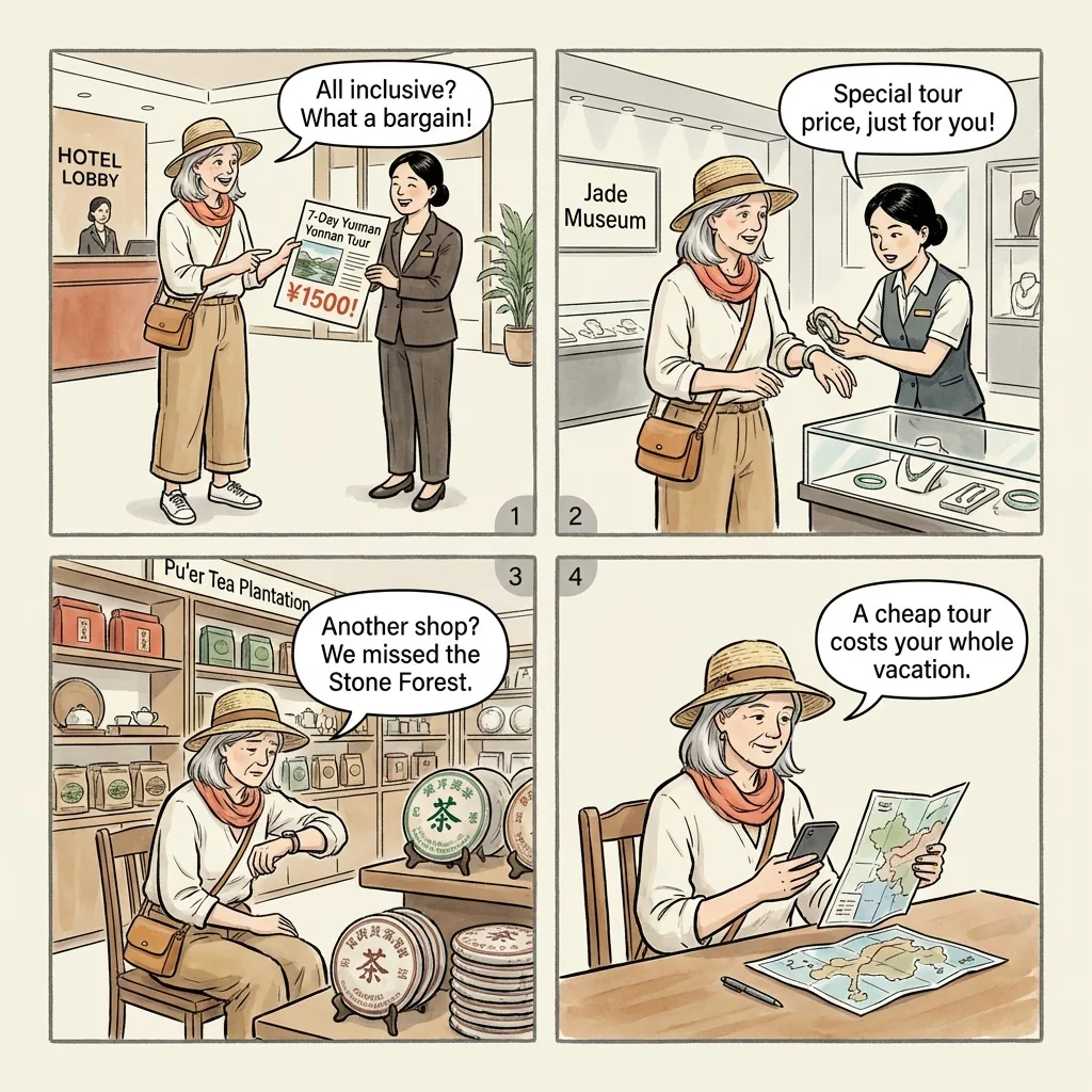 Kunming Yunnan Tour Package & 'Minority Village' Shopping Scam — comic illustration