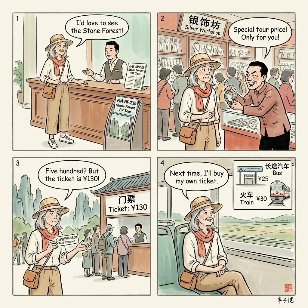 Stone Forest Hotel-Concierge Day-Trip Overcharge — comic illustration
