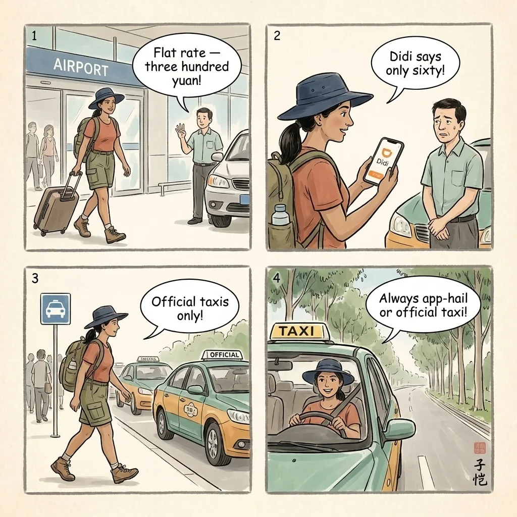 Kunming Airport & Railway Station Taxi Overcharge — comic illustration