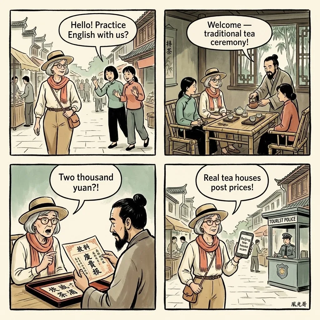 Cuihu Park & Kunming Old Town Tea House Scam — comic illustration