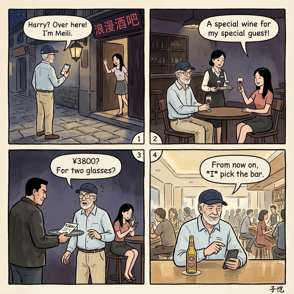 Kunming Dating-App Bar & 'Foreign Visitor' Trap — comic illustration