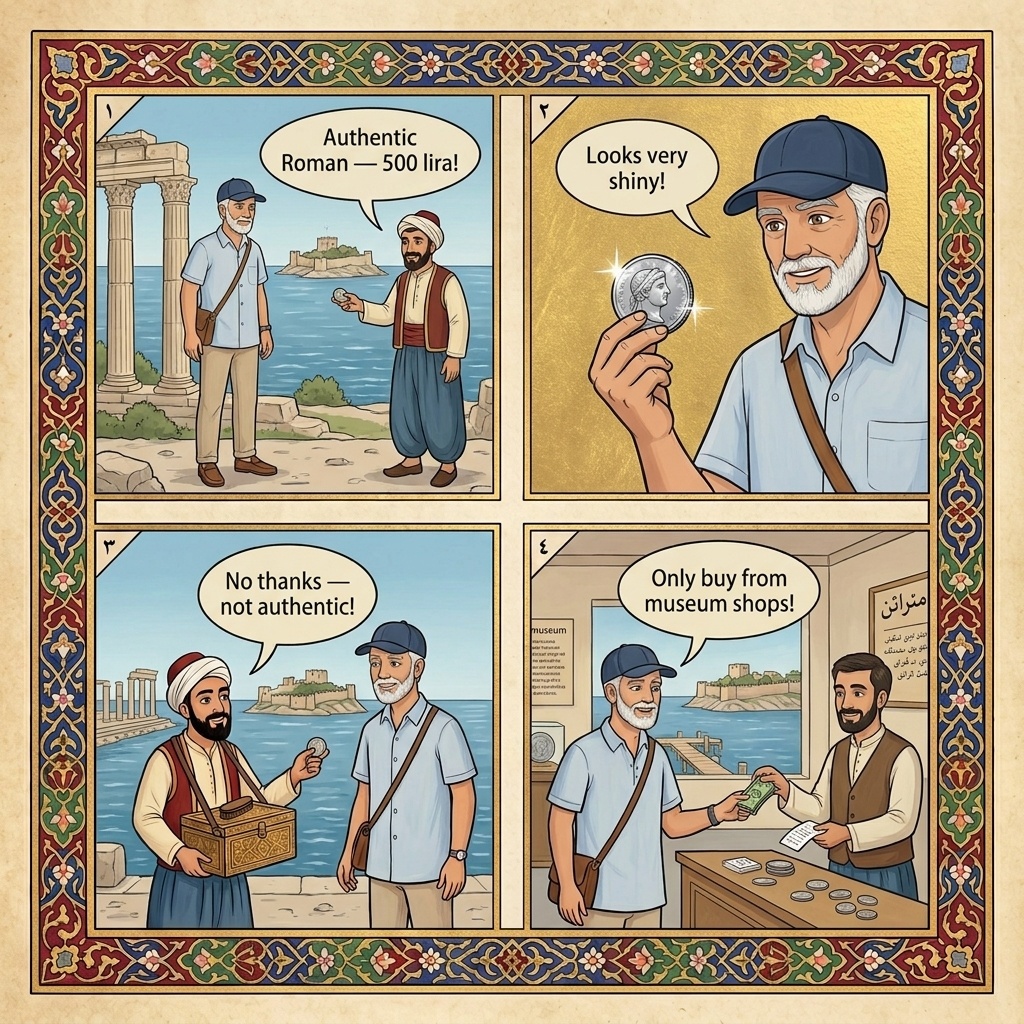 Kusadasi Cruise Pier 'Ancient Coin' Vendor Scam — comic illustration