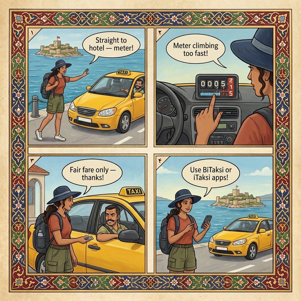 Kuşadası Port Taxi Overcharge — ₺1,400 for ₺200 Trip — comic illustration