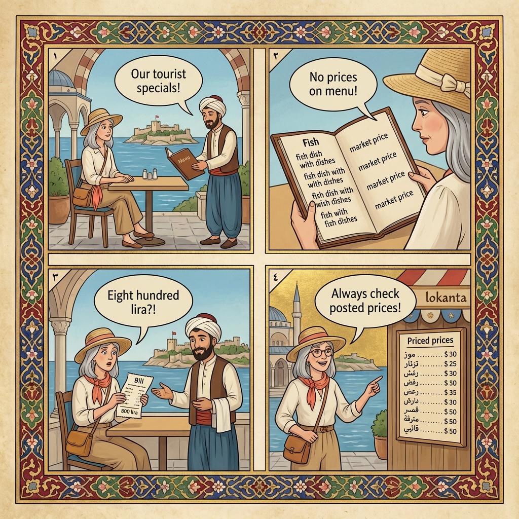 Restaurant Tout & Tourist-Menu Bill Inflation — comic illustration