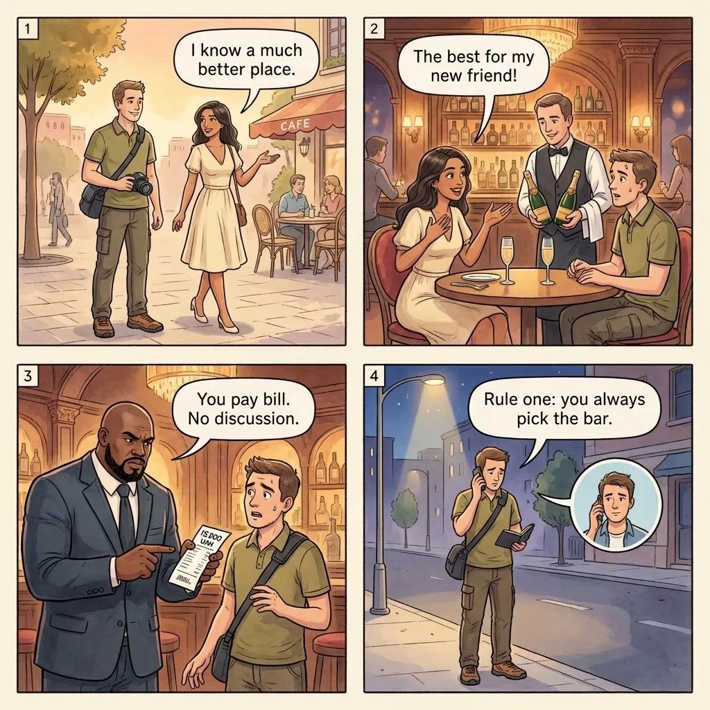 The Tinder Date Bar Scam — comic illustration
