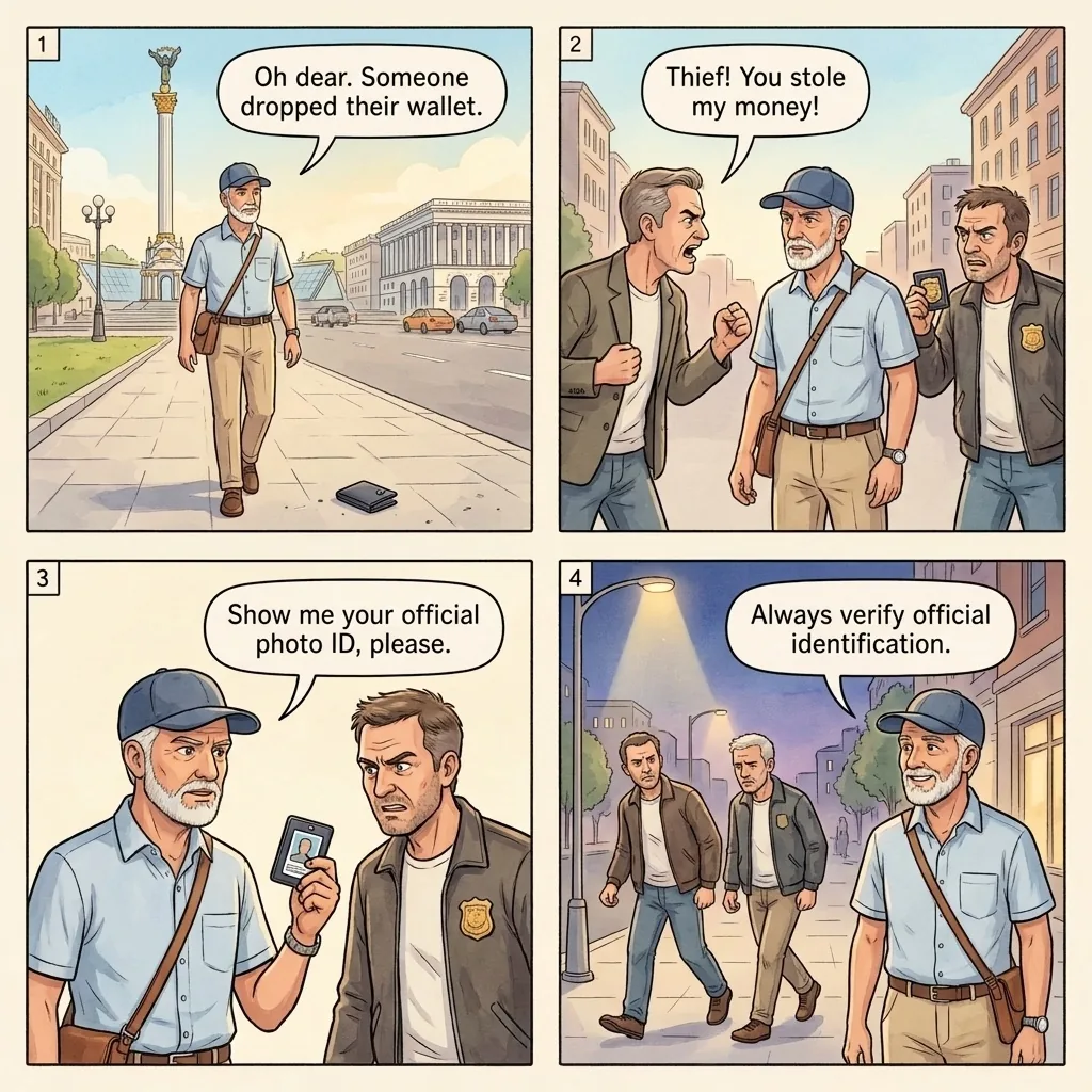Dropped Wallet Fake Police Setup — comic illustration
