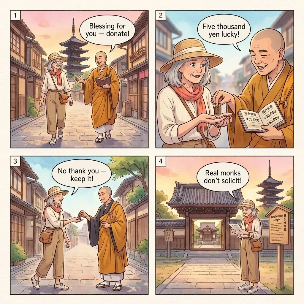 Fake Buddhist Monk Donation Request — comic illustration