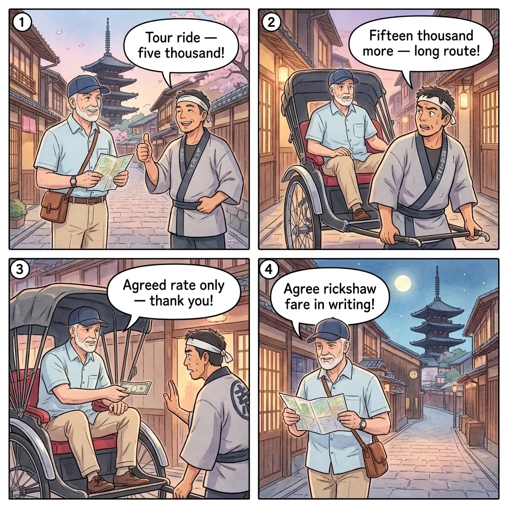 Rickshaw Overcharge / Unlicensed Jinrikisha — comic illustration