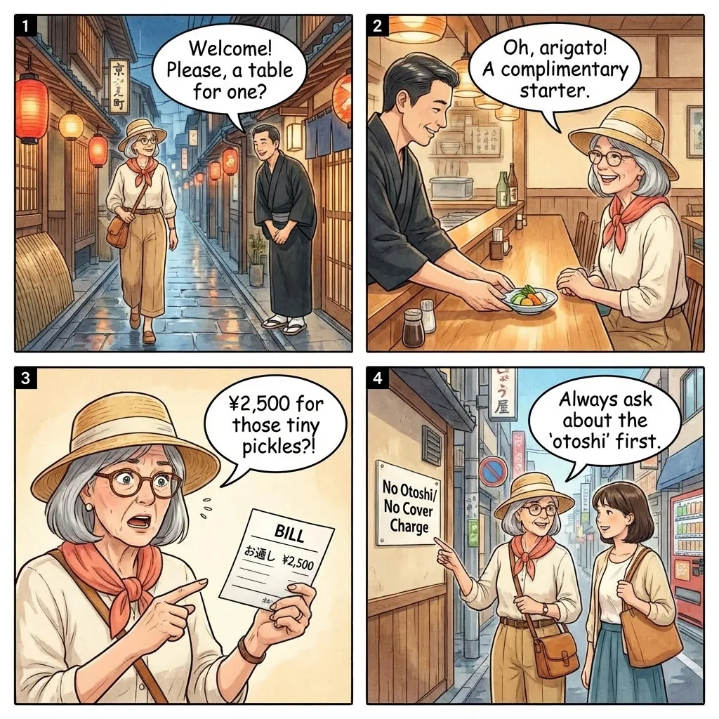 The Gion & Pontocho Otoshi / Cover-Charge Shock — comic illustration