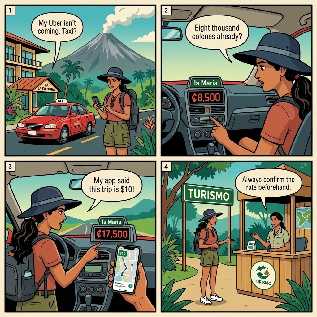 La Fortuna Red Taxi Meter 'María' Tampering & Inflated Excursion-Meetup Fares — comic illustration
