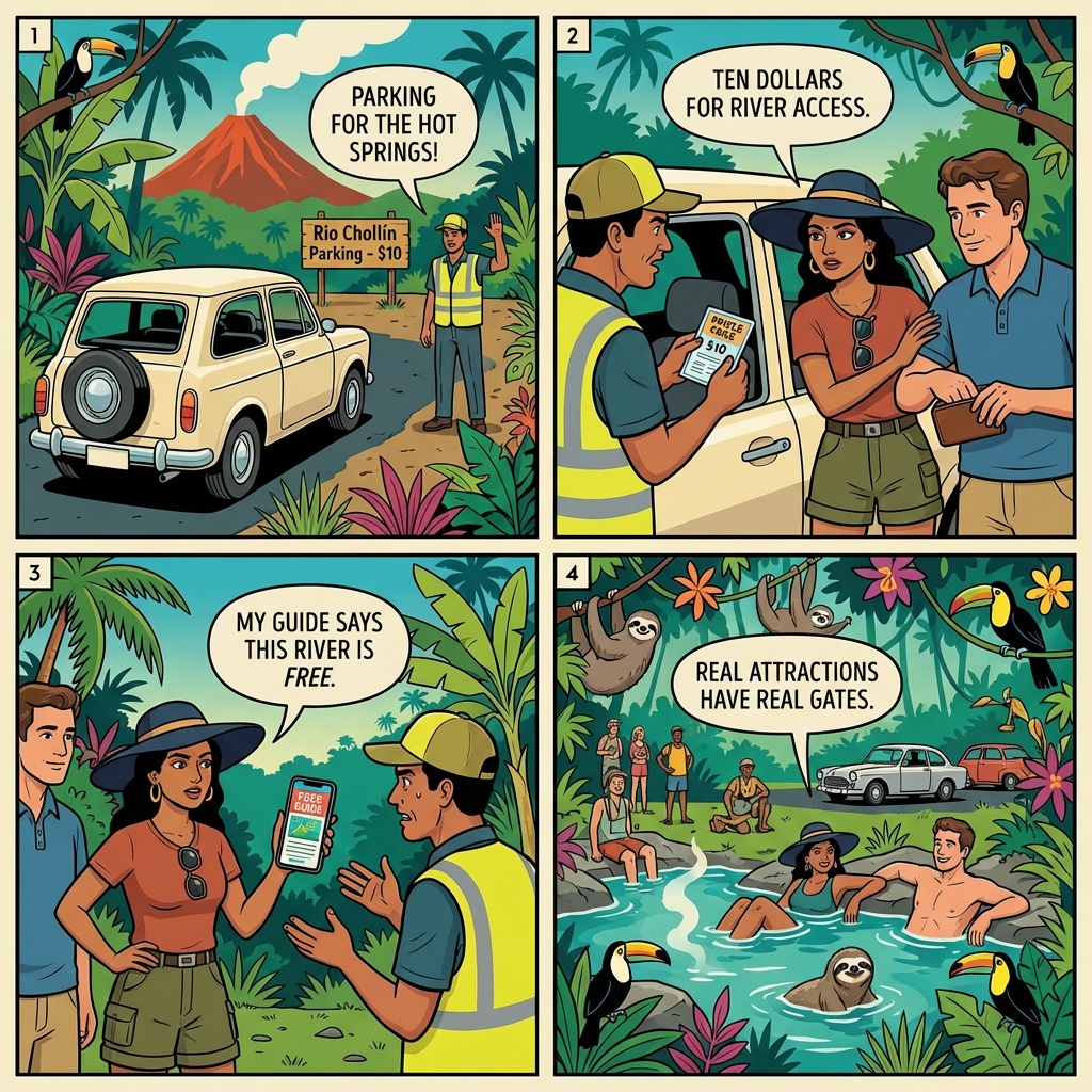 Roadside 'Private Hot Springs' Booth Scam — Fake Day-Pass Collectors Near Rio Chollín — comic illustration