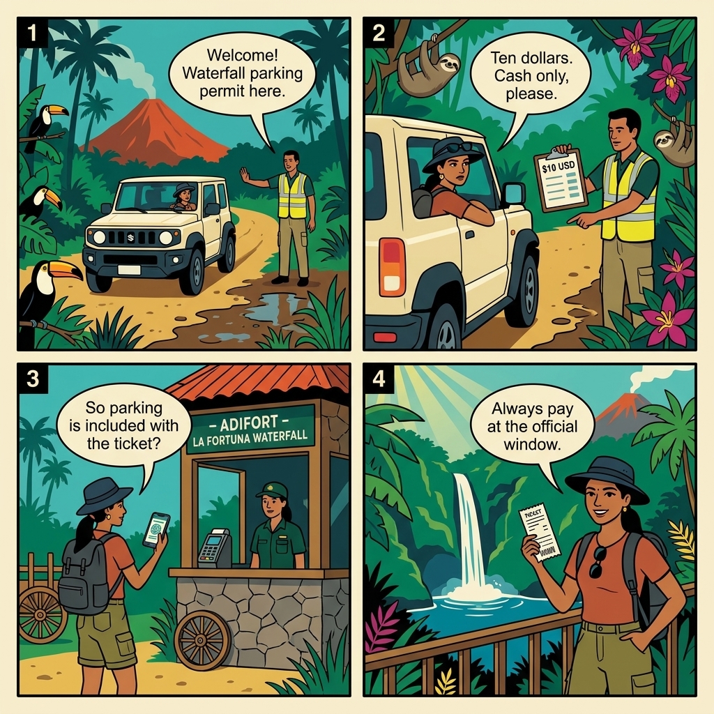 La Fortuna Waterfall 'Unofficial Parking Permit' Collectors at ADIFORT Gate — comic illustration