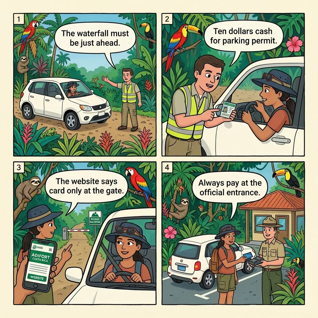 La Fortuna Waterfall Fake-Permit Collectors — comic illustration
