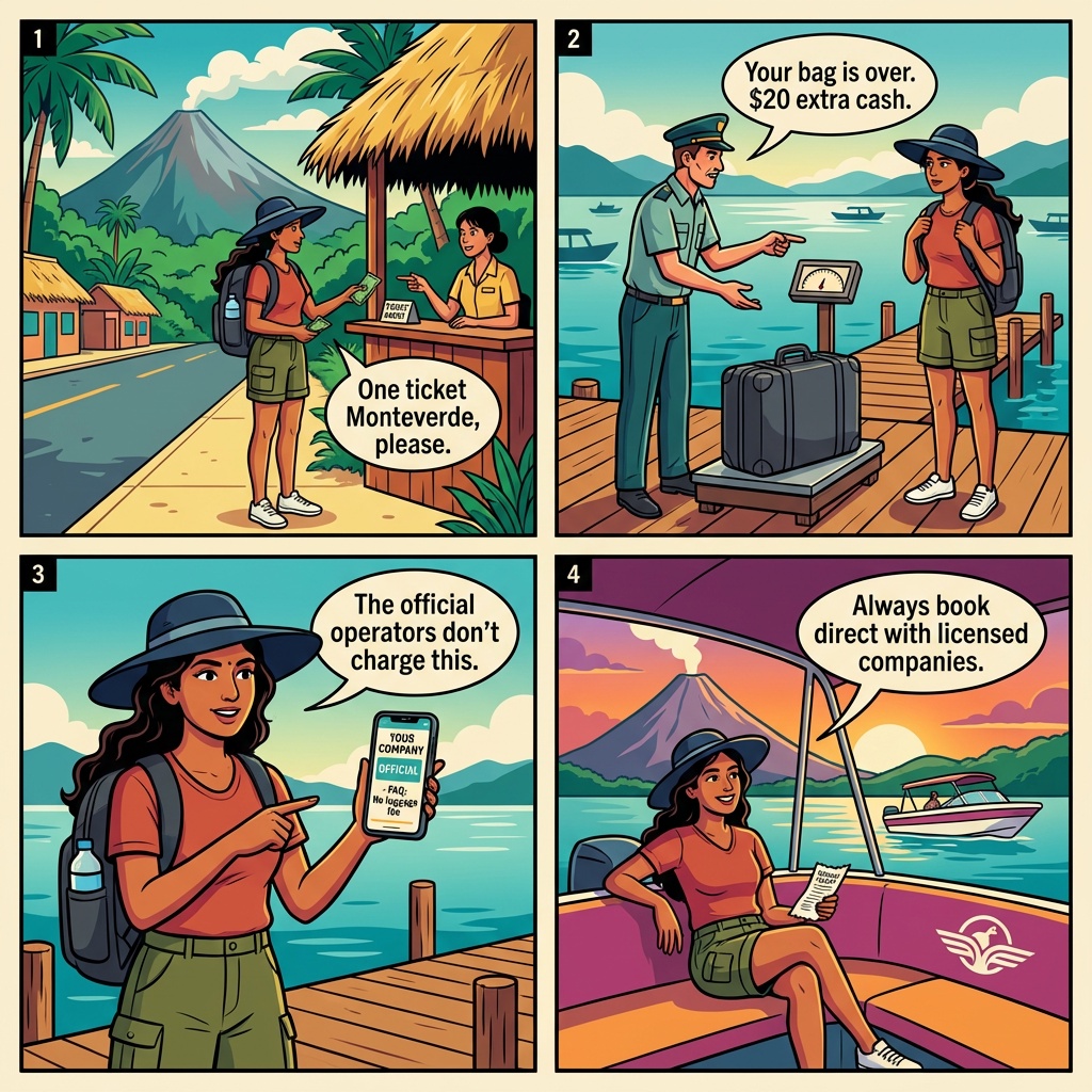 Jeep-Boat-Jeep Monteverde Shuttle — Double-Booking & Luggage-Weight 'Overage' Fees — comic illustration