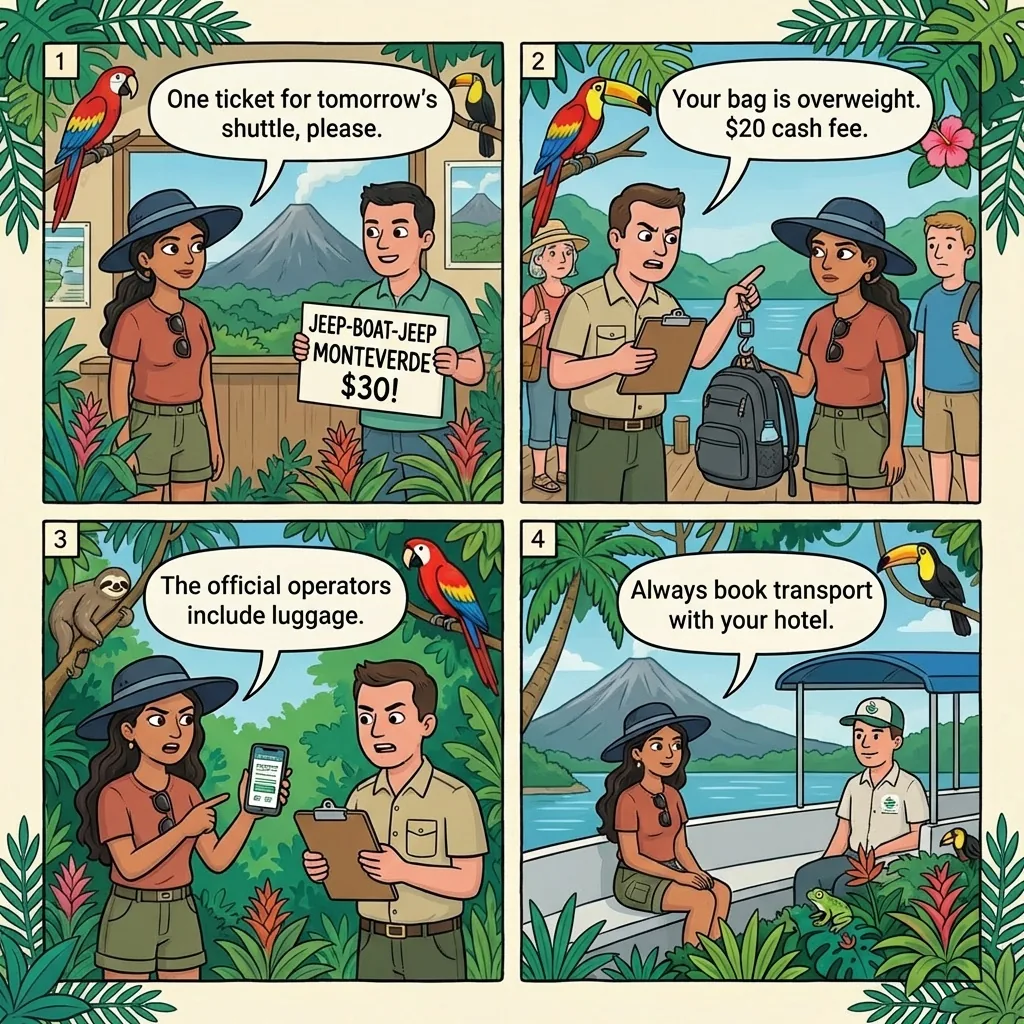 Jeep-Boat-Jeep Monteverde Shuttle Overage Fees — comic illustration