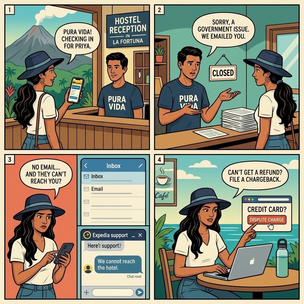 Arenal Backpackers / Societal La Fortuna — Hostel Listing-vs-Reality & Third-Party Booking Freeze-Out — comic illustration