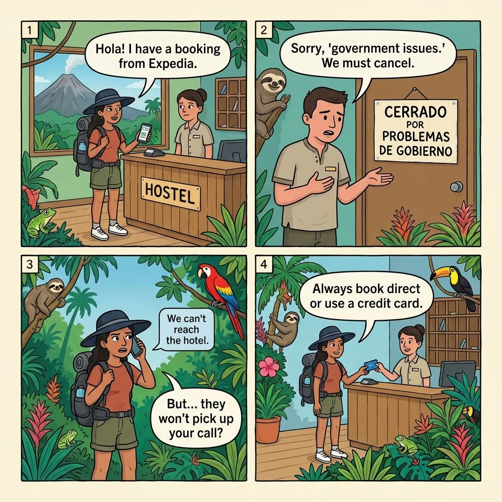 Arenal Backpackers Hostel Listing-vs-Reality Bait — comic illustration