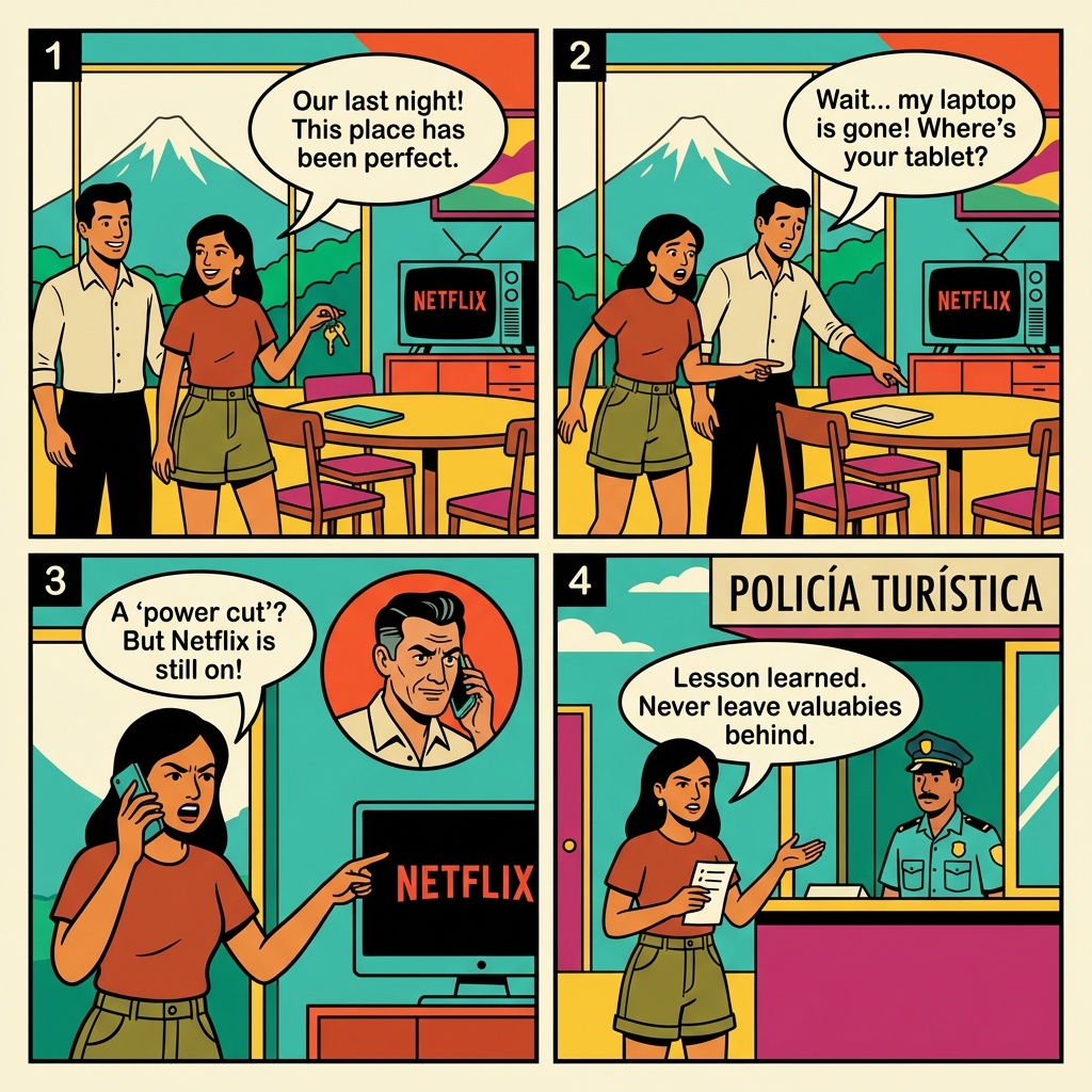 La Fortuna Vrbo / Vacation-Rental Inside Job — Last-Night Power-Cut Electronics Theft — comic illustration