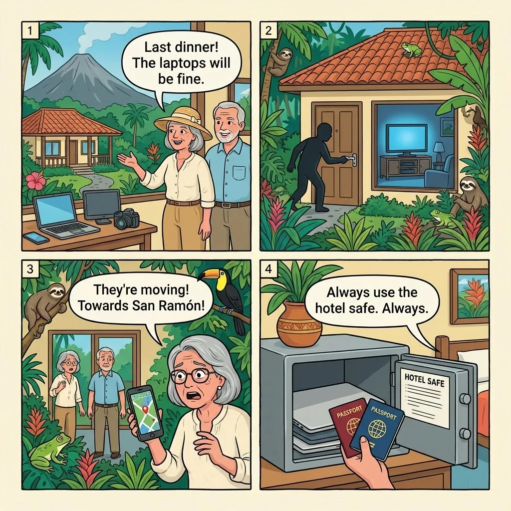 La Fortuna Vrbo Last-Night Power-Cut Theft — comic illustration