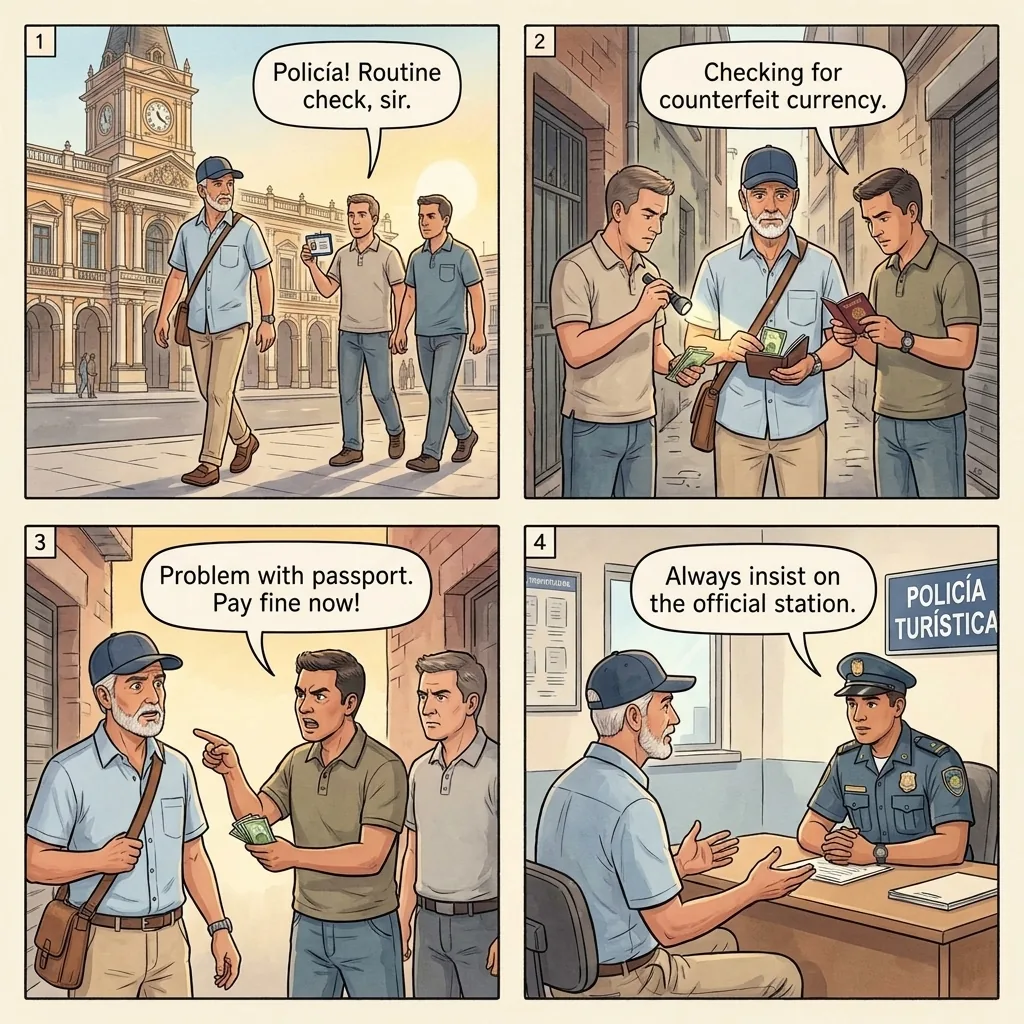 The Plaza Murillo Fake-Police Drug Check — comic illustration