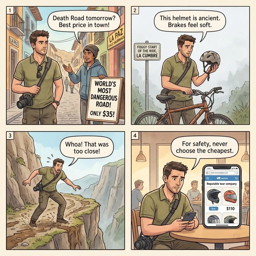 The Death Road Budget-Tour Safety Trap — comic illustration