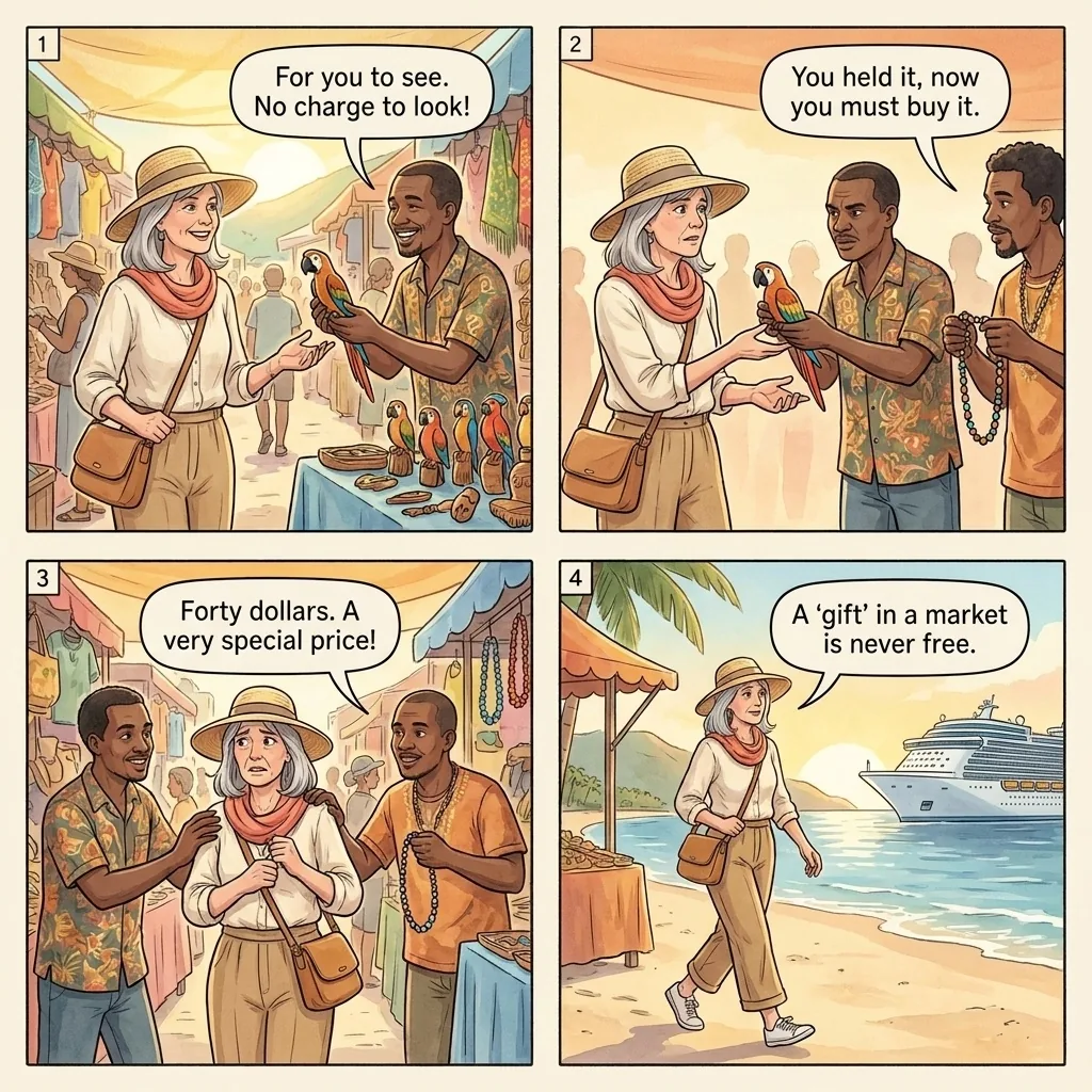 Artisan Market Aggressive Vendor Trap — comic illustration