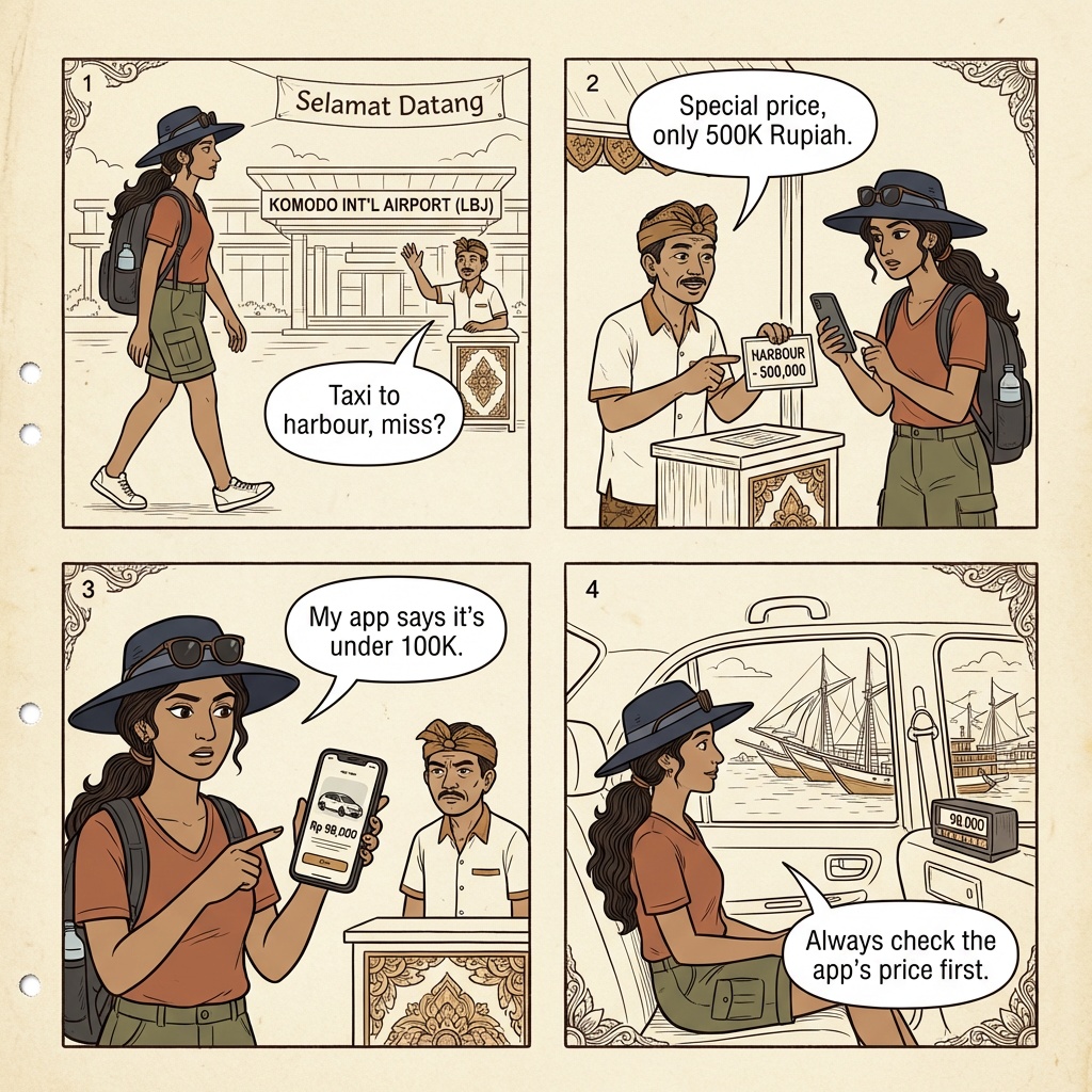 Labuan Bajo Komodo Airport & Hotel Transfer Overcharge — comic illustration