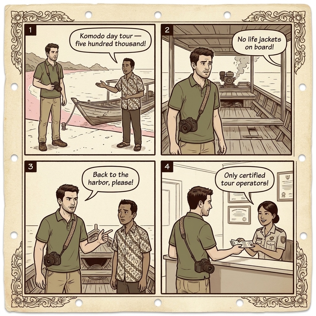 Komodo Day-Tour Boat Operator Safety & Overcrowding Scam — comic illustration
