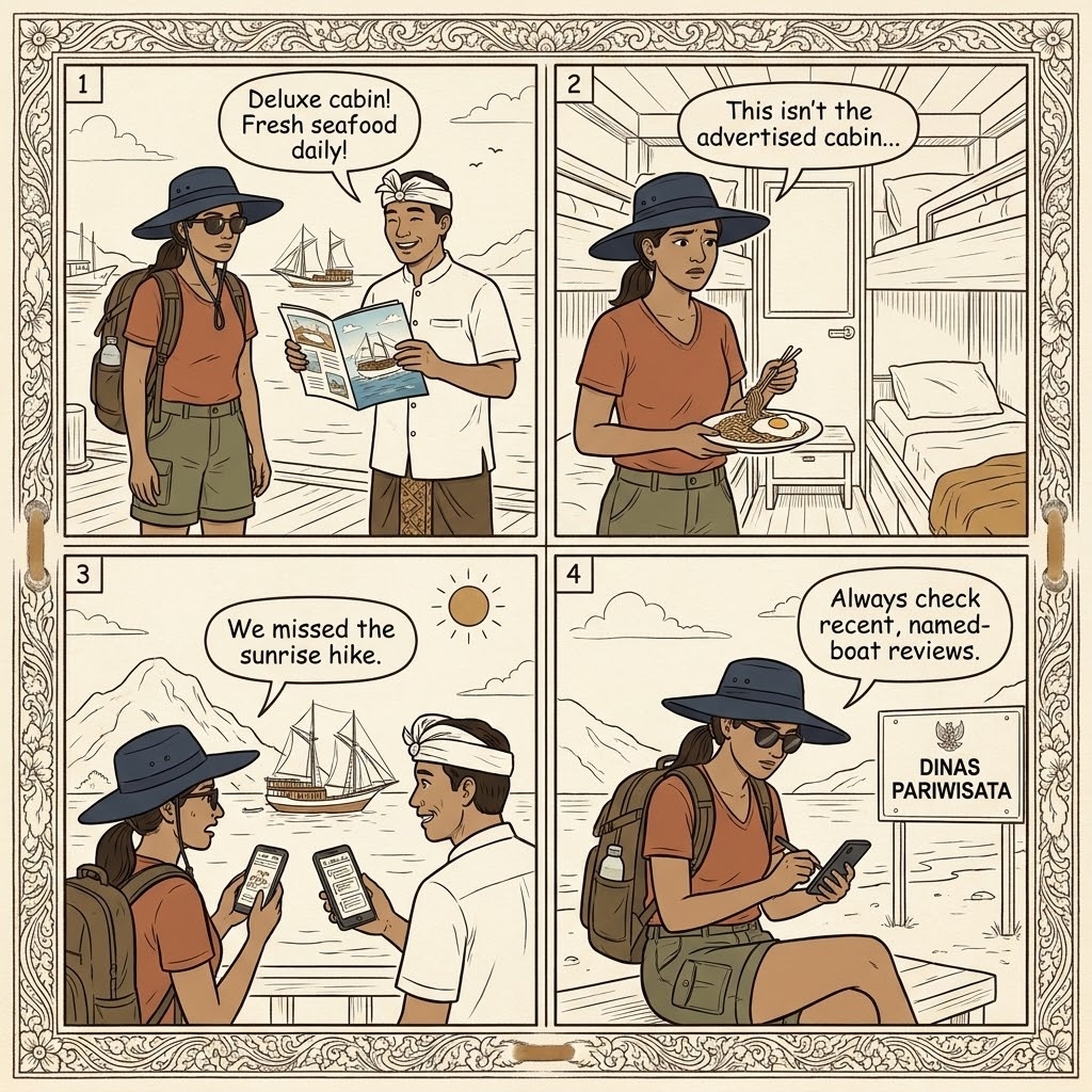 Komodo Liveaboard Overpromising & Quality-Mismatch Scam — comic illustration