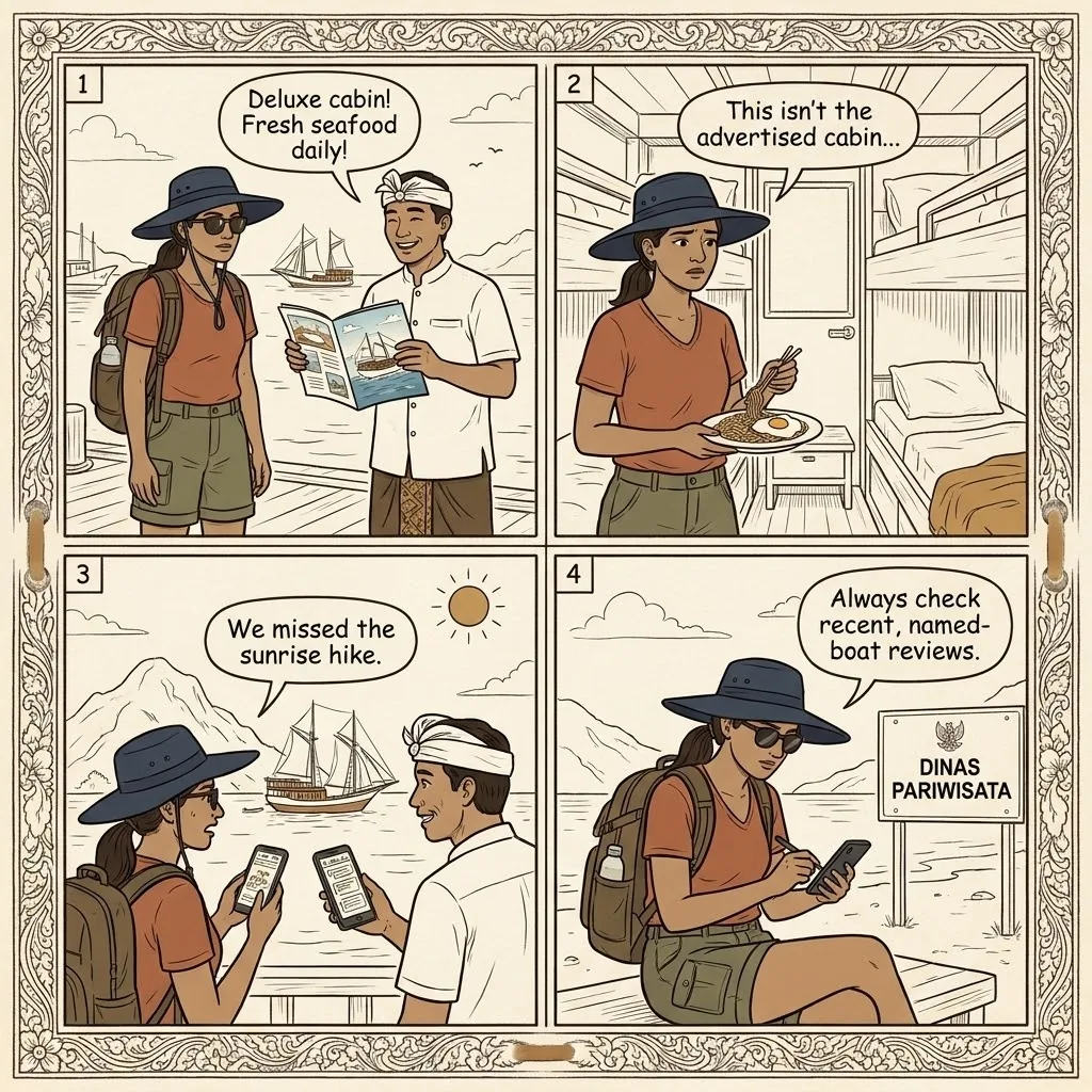 Komodo Liveaboard Overpromising & Quality-Mismatch Scam — comic illustration