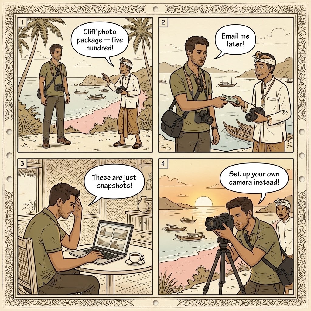 Pink Beach / Padar / Rinca 'Mandatory Ranger' & Photo-Spot Fee Padding — comic illustration